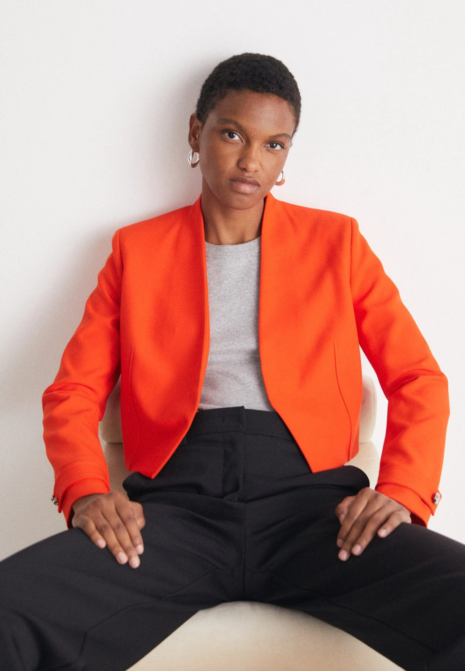 Boss Slim-Fit Cropped Jacket With Collarless Styling - Blazer - Bright Orange 1 Boss Slim-Fit Cropped Jacket With Collarless Styling - Blazer - Bright Orange